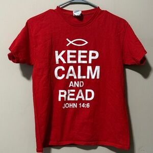 Delta Red Youth T-Shirt Size L Keep Calm and Read John 14:6